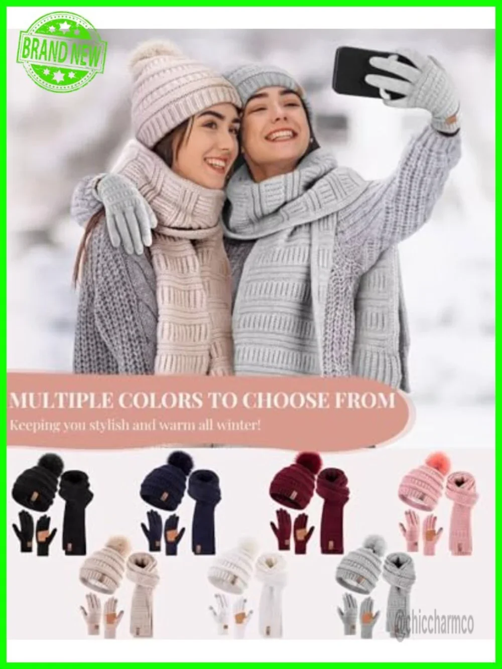 Winter Beanie Scarf Gloves Set, Warm Fleece Lined Knit Hat Touchscreen Gloves